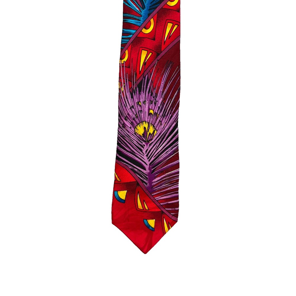 VTG Rush Limbaugh Tie Red Purple Blue Peacock Feather Silk USA Made 90s Abstract